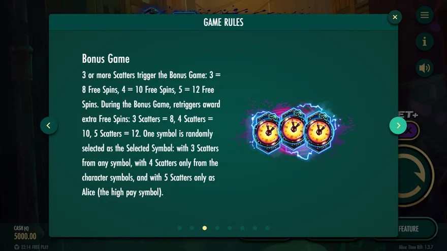 Alice Time Rift Bonus Game free spins rules
