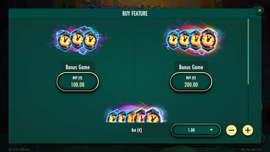 Alice Time Rift buy feature menu