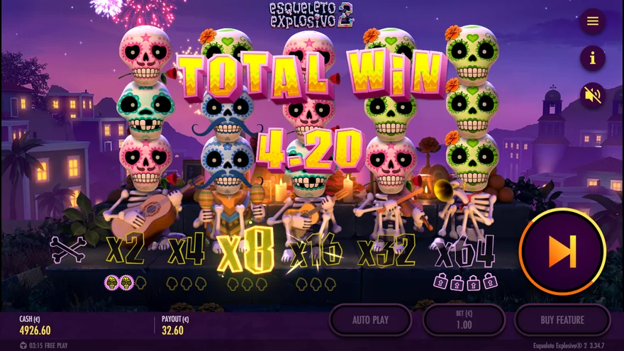 Esqueleto Explosivo 2 bonus game x64 multiplier