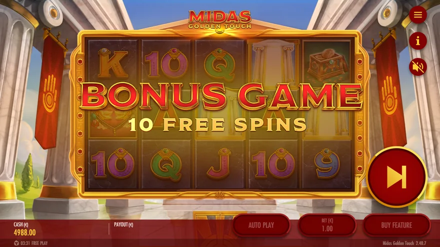 Midas Golden Touch bonus game ten free spins